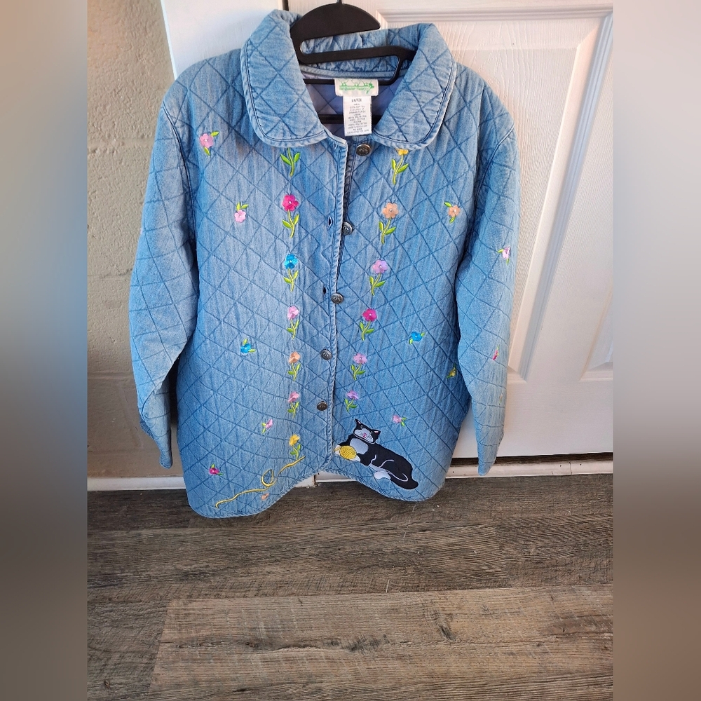 Vintage Quacker Factory Denim Quilted embroidery jacket Large Blue Denim